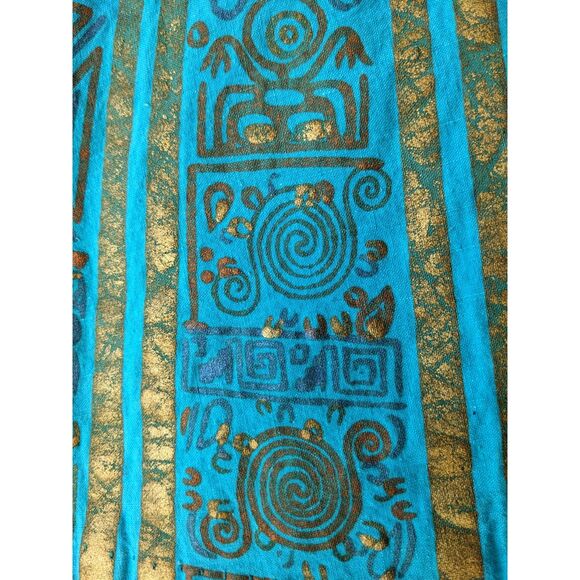 1950s MAYA de MEXICO Mayan Hieroglyph Hand Painted Aqua/Gold Circle Skirt sz. XS - Picture 7 of 14